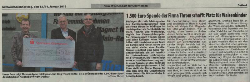 Artikel Neue Wochenpost Spende 14.01.2016 Bildgroesse aendern